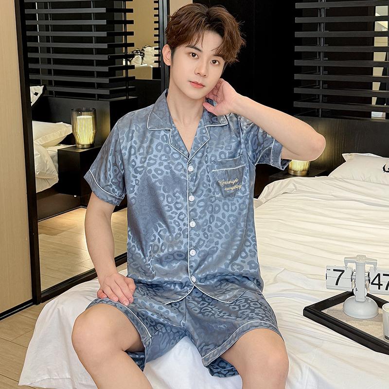 2025 Summer Thin Ice Silk Pajamas Men's Comfortable Short-sleeve Plus Size Home Wear Sleepwear Suit Teenagers Leisure Outdoor Can Be Worn Outside