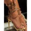 Sexy Peep Toe Women's Stiletto Sandals Luxury Square Head Rhinestone Thin Band Strap Comfort Slim High-Heel Party Shoes