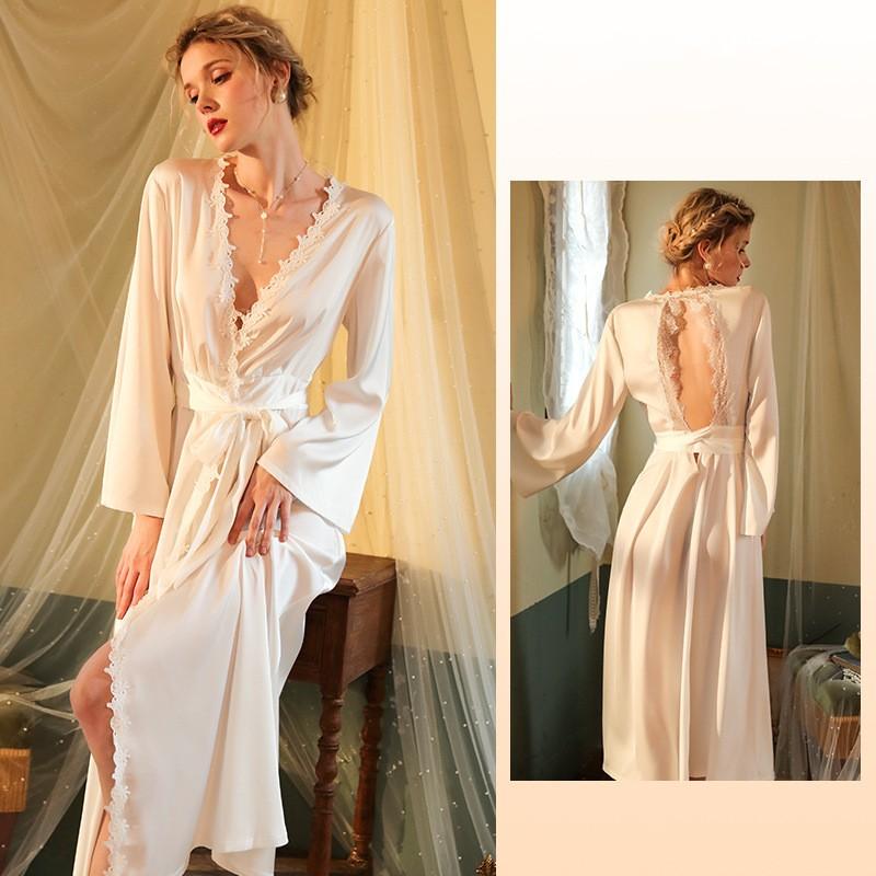 Autumn and Winter New Women's Long-sleeved Backless Sexy Robe Women's Satin Home Wear Long Bathrobe Pajamas