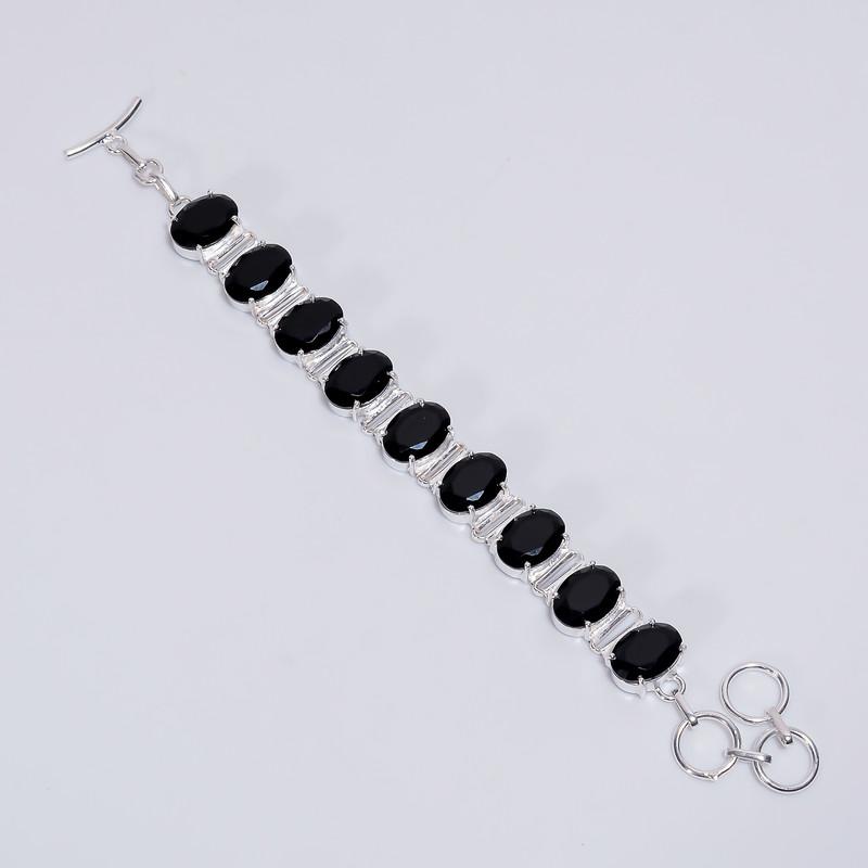 Gorgeous Top Grade Qualite 100% Natural Black Onyx Oval Shape Ethnic Style Handmade Jewelry 925 Steling Silver Plated Bracelet 6-8" WSJ-5178