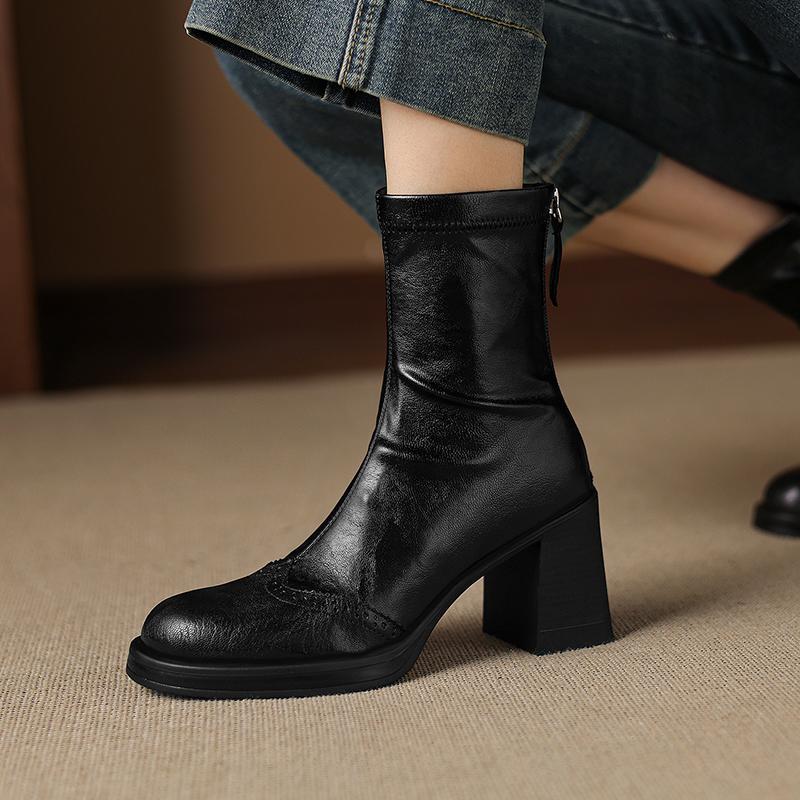Fashion 2025 New Autumn Women Boots Sheepskin Leather Women Shoes Round Toe Chunky Heel Modern Short Boots Stretch Platform High Heels