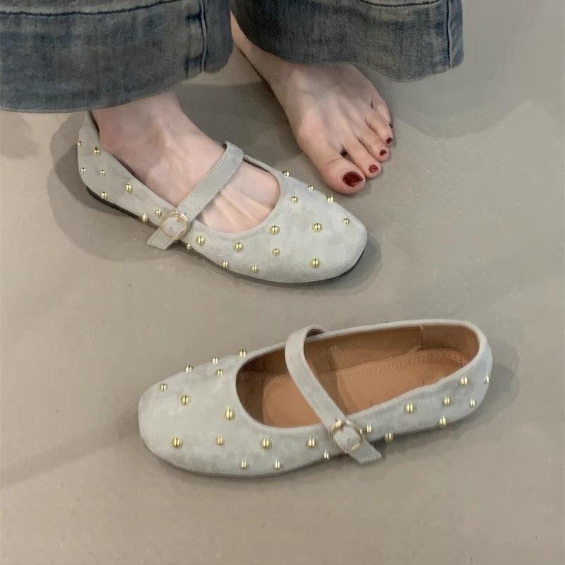 Gentle Fairy Mary Jane Shoes 2025 New Sweet Suede Rivets Square Head Shallow Mouth One-word Buckle Evening Shoes