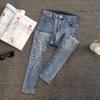 Skinny Jeans Woman Diamond Embroidered Hole Pencil Pants Blue Denim Cropped Pants Women's Jeans