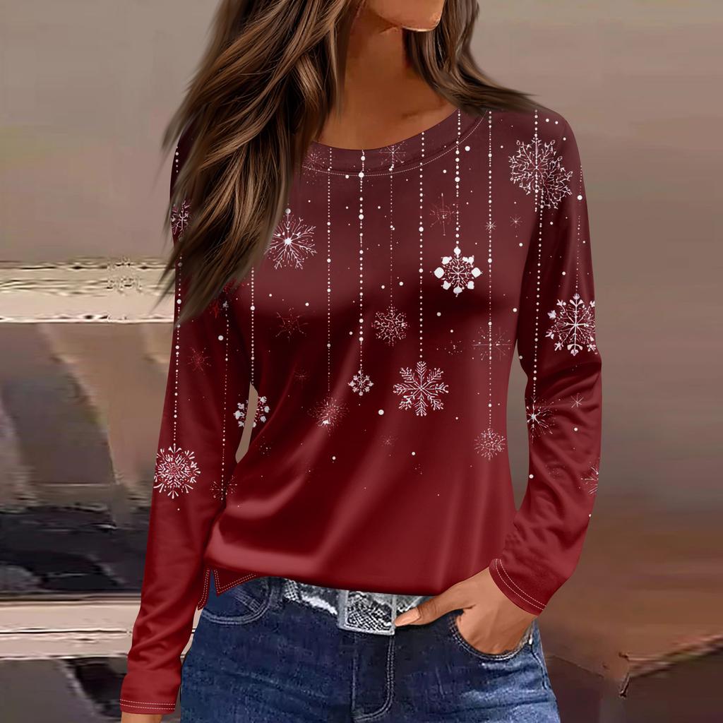 Women's Fashion Hem Slit Casual Christmas Printed Round Neck Long Sleeve Top