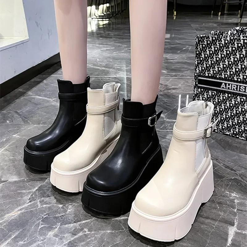 High Platform Ankle Boots Women Chunky Heel Chelsea Boots PU Leather Back Zip Belt Buckle Design Black Short Boots Botas Mujer