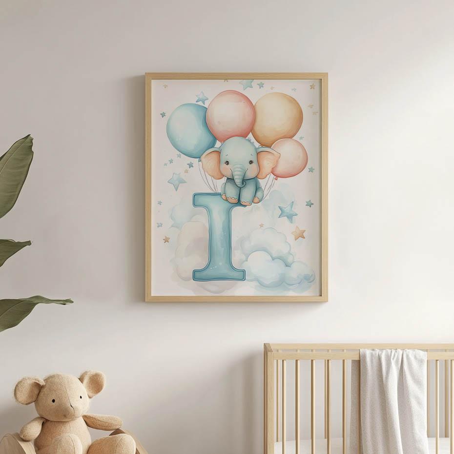 Poster Elephant On the Letter I Poster Elephant On the Letter I, 70X100 Cm, Dark Brown Wooden Frame, 230 Gsm Matte Paper