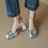 Fashion Women Platform Sandals Shiny Silver Gold High Block Heels Office Party Dress Ladies Summer Square Toe Ankle Strap Shoes