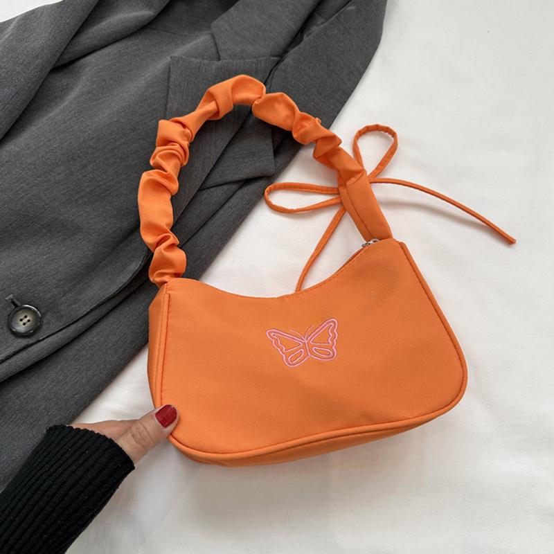 Cute Embroidered Bowknot Butterfly Shoulder Bag Women Pleated Handbag Half-moon Underarm Bag Fashion Oxford Nylon Bow Tote Bag
