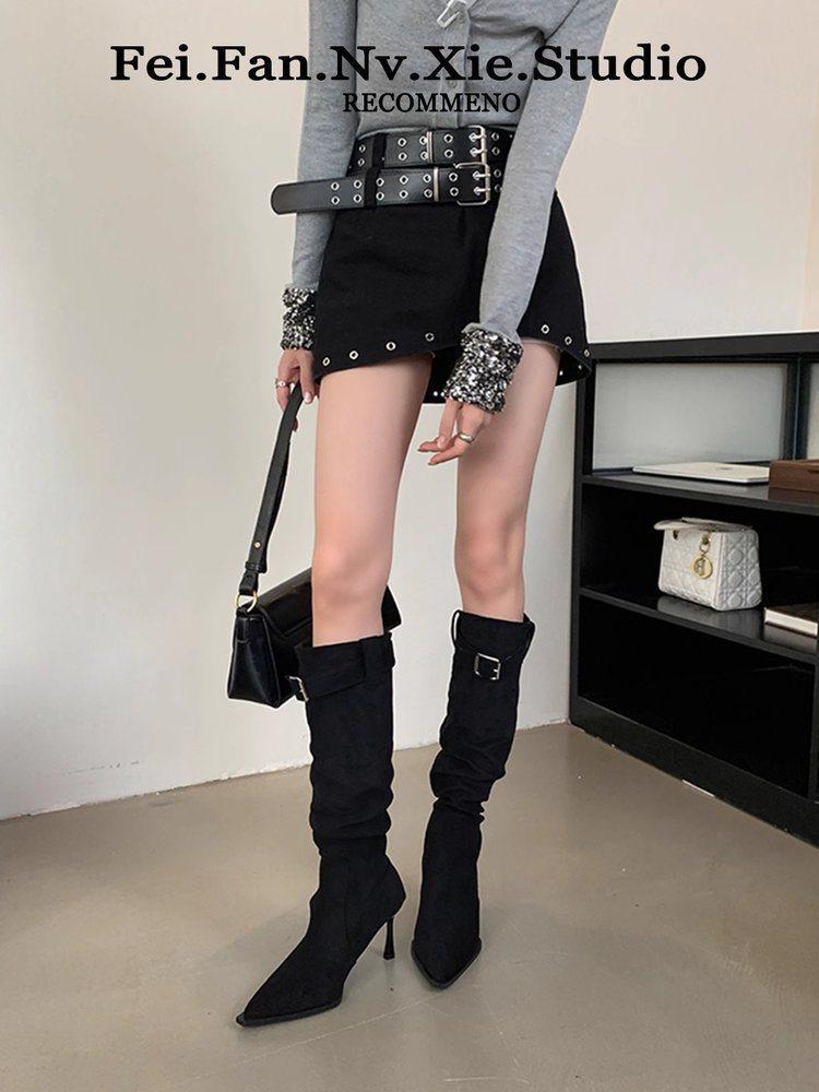 Boot Tip Autumn Temperament Sub New Small Man 2025 Stack Boots Thin Heel Boots Women's High Heel Suede Head