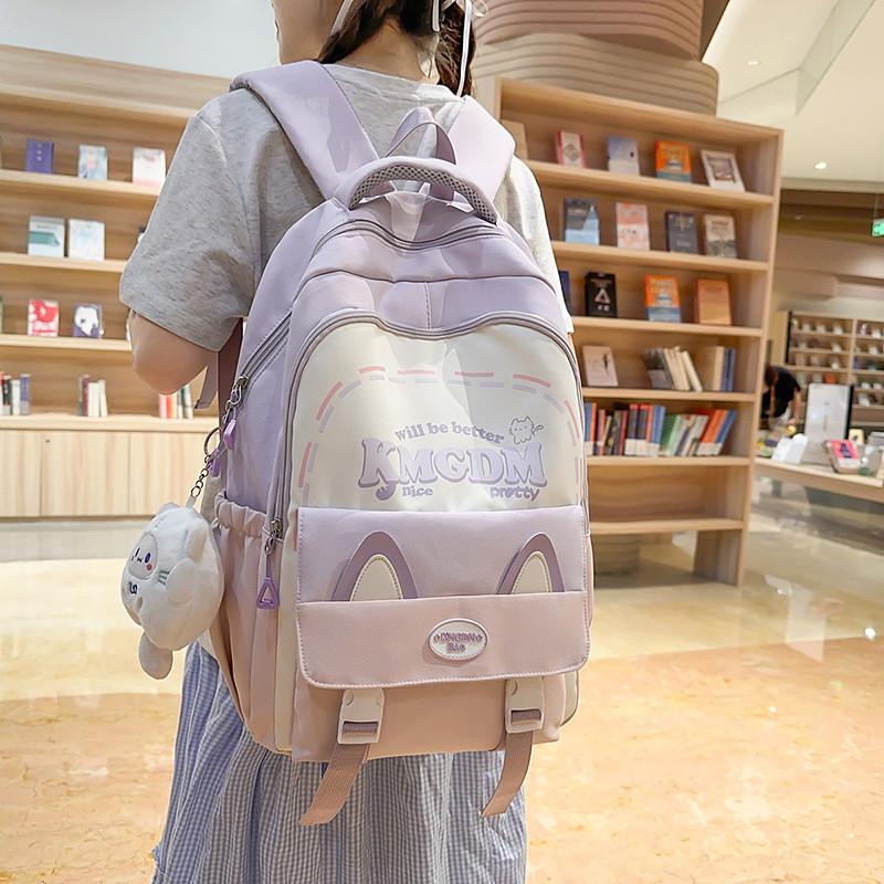 Cute Ears Cat Design Letter Line Pattern Student Backpack With Pendant Plush