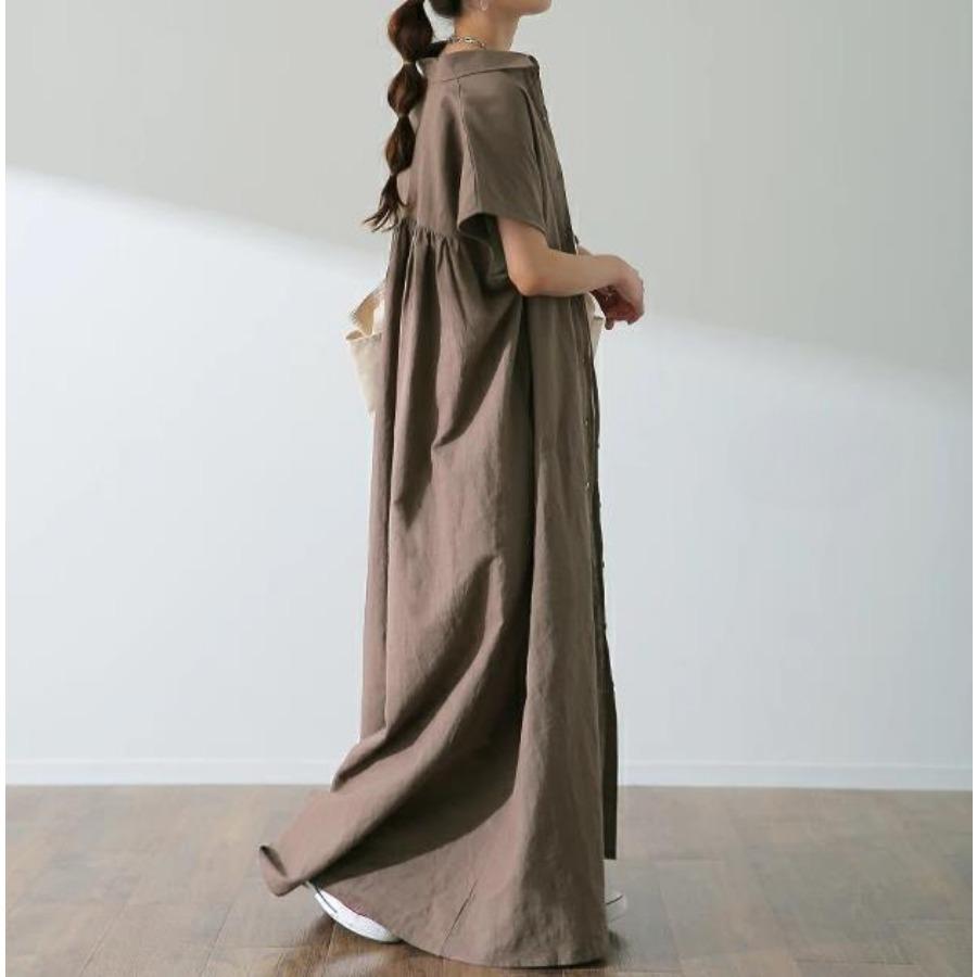 Single Breasted Short Sleeve Cotton Linen Shirt Dress Women's Loose Lapel Solid Casual Maxi Dresses