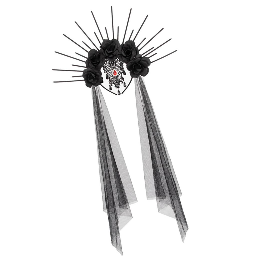 Gothic Queen Bride Costume Headband with Mesh and Rhinestone Lace Flower Crown for Halloween Cosplay Party Festivals