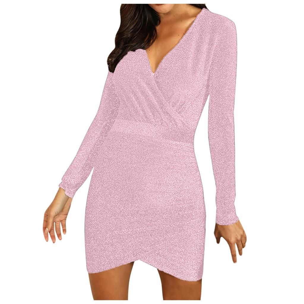Women's Solid Color Long-sleeved Cross V-neck Sexy Bag Hip Slim Shiny Evening Dress Knee-length Dress