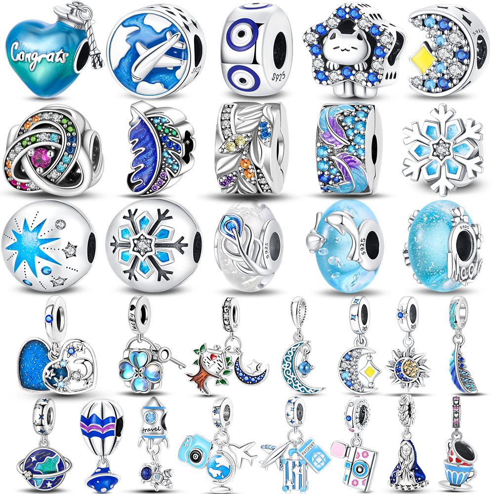 925 Sterling Sliver Blue Charms Camera Moon Glass Snowflake Beads Pendant Fit Bracelets Fine Diy Jewelry Making