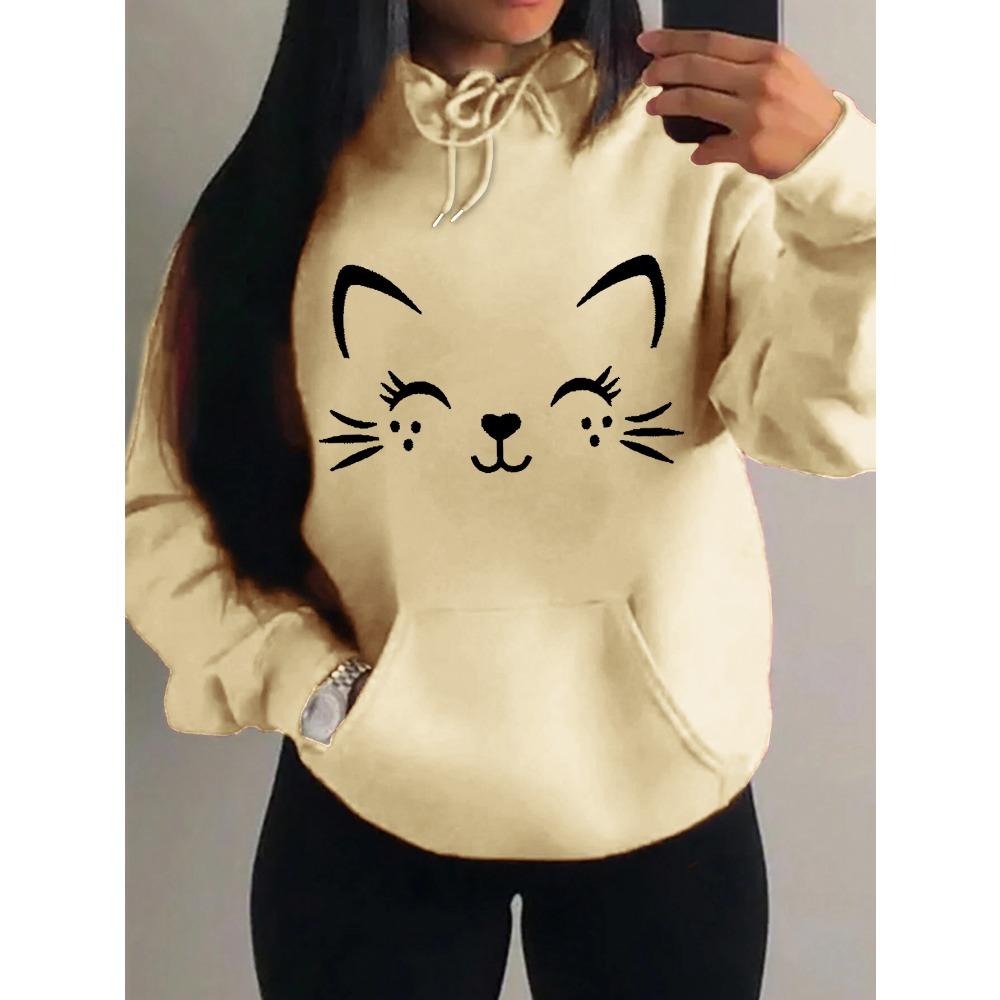 Simple Word Cat Smile Pattern Women Hoodies Fashion Casual Streetwear Personality Hoodie Trendy Fleece Pulloverar
