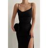Женское черное длинное платье с разрезом на бретельках 1009-1034