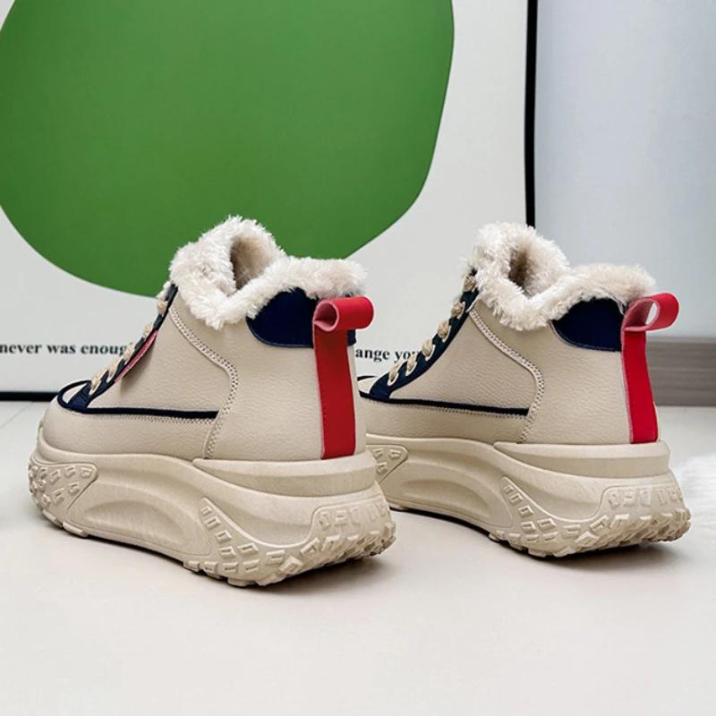 Fashion Sneakers Ladies Snow Boots 2024 Platform Round Toe Leather Chunky with Laces Lace-up Sports Wedge Heel Female Shoes Boot Spring