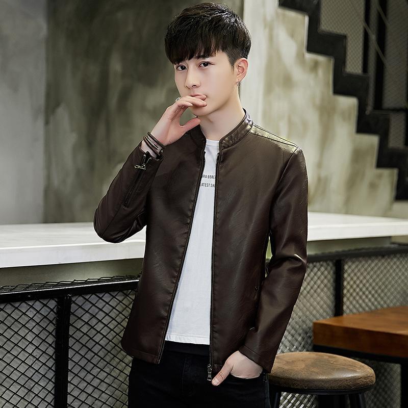 Men's Leather Jacket Spring and Autumn Middle and Young Motorcycle Style Trendy PU Leathe Jacket Plu Velvet Thickened Slim Stand Collar Jacket for Men