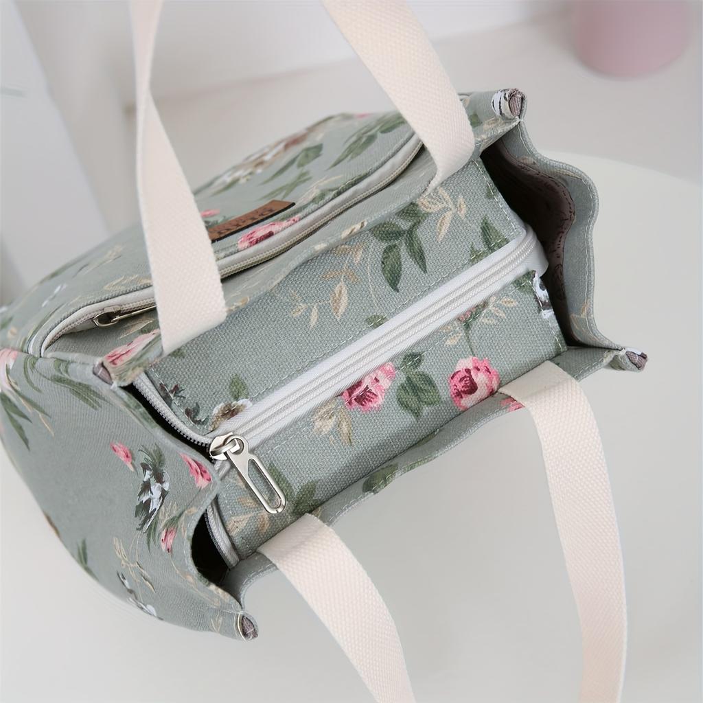 Floral Canvas Tote Bag Large Capacity Lunch Bag for Women Multipurpose Shoulder Handbag KTY