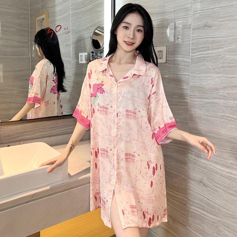 Pink Sweet Wind Loose Rose Print Shirt Nightdress Women's Casual Fashion Can Be Worn Outside Loungewear
