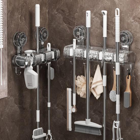Wall Mount Mop Gripper Broom Holder Strong Load-Bearing Simple Installation Anti-Slip Mop Handle Hanger Dustpan Broom Organizer