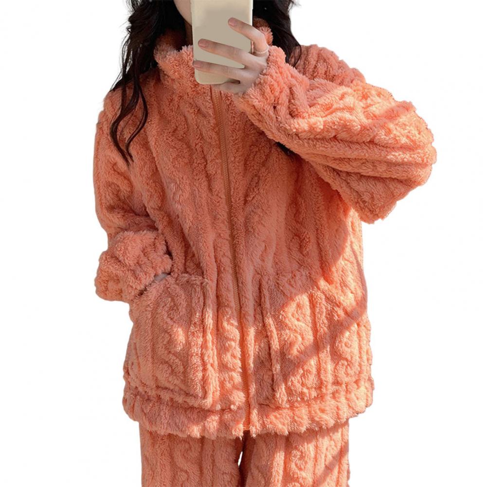 Women Pajamas Cozy Winter Pajamas Set with Stand Collar Zipper Closure Thick Coral Fleece Homewear Coat for Unisex for Nights