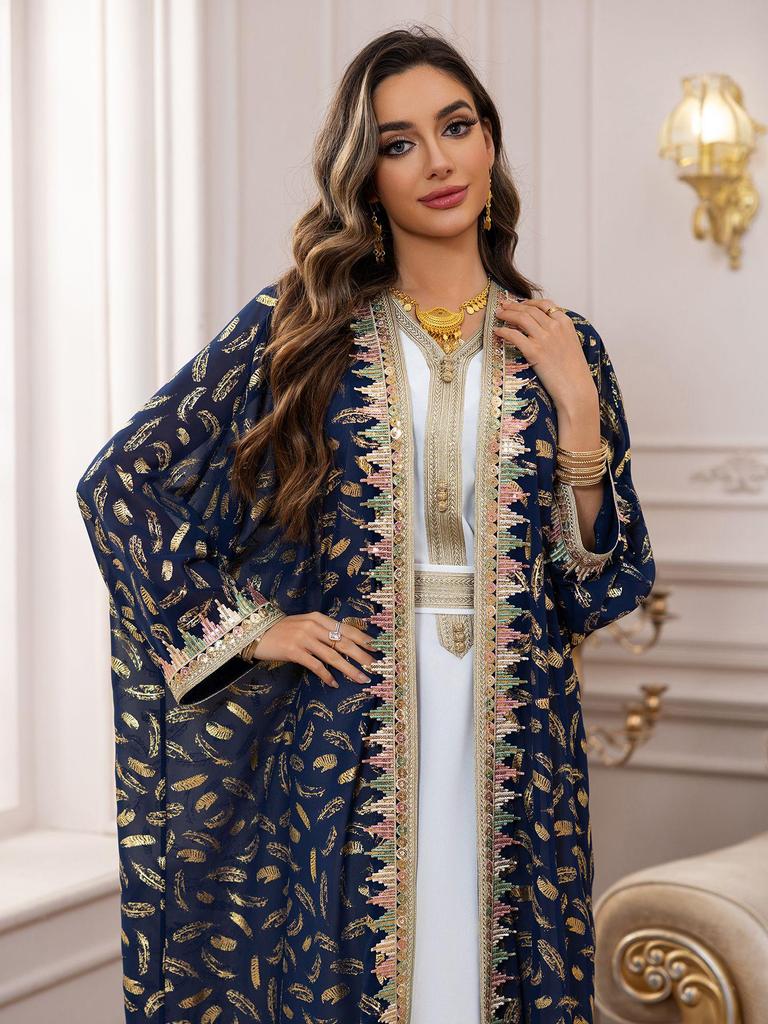 AB454 Women's Plus Size Dubai Chiffon Abaya Set - Three-Piece Middle Eastern Cardigan Long Dress with Hot Stamping