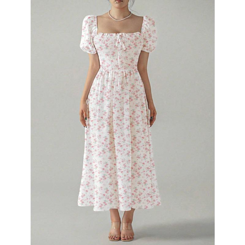 Summer New Style Square Collar Type A Printed Ladies Elegant Long Skirt