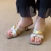 French Fashion Color Matching Thick Heel Outer Slippers Women's Summer 2025 New Metal Square Head Open Toe Middle Heel Sandals