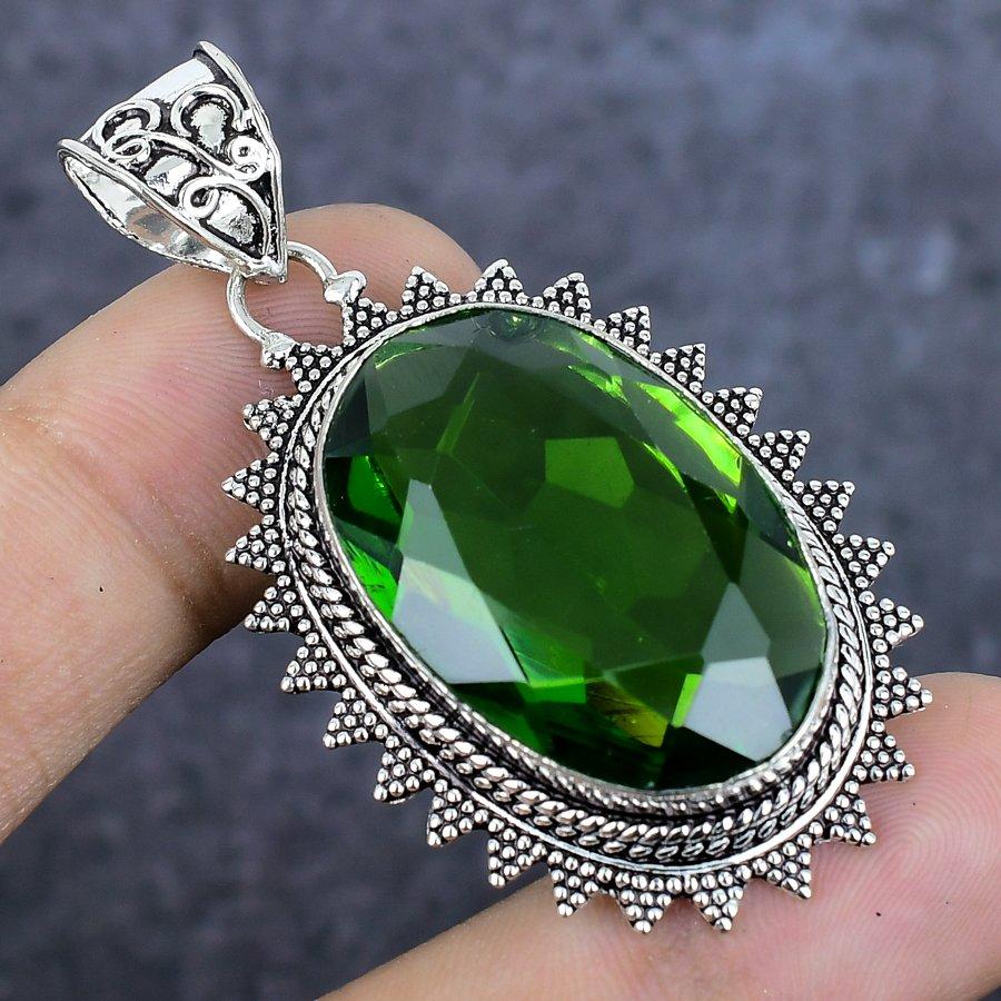 Natural Peridot Gemstone Handmade 925 Sterling Silver Jewelry Pendant 2.17" S5T57