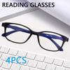 4PCS  Blue Light Glasses Square Reading Glasses TR Reading Glasses Men Blue Light Reader Antifatigue Computer Eyewear +1.0-+4.0
