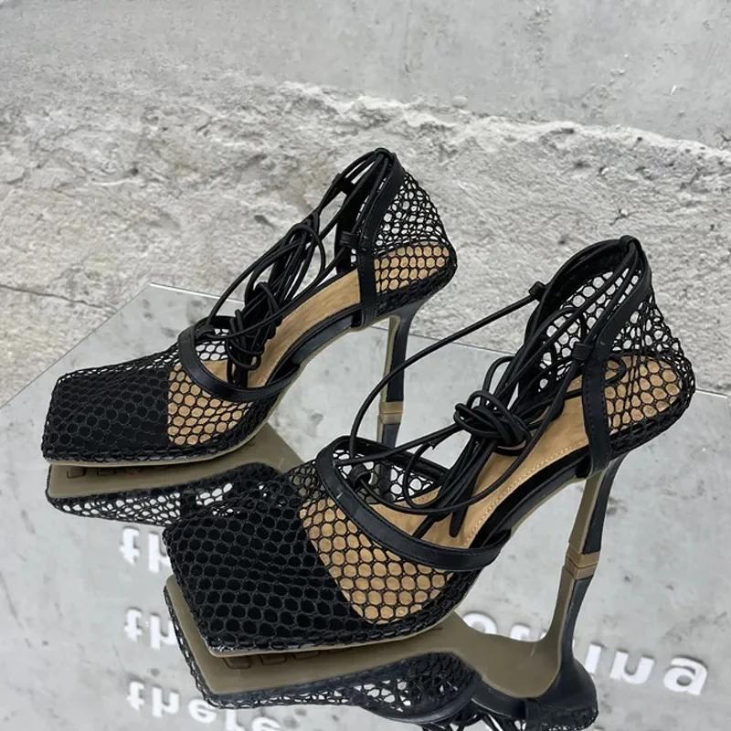 Fashion Sexy Mesh Pumps Sandals Female Square Toe High Heel Lace Up Cross-Tied Stiletto Hollow Dress Shoes