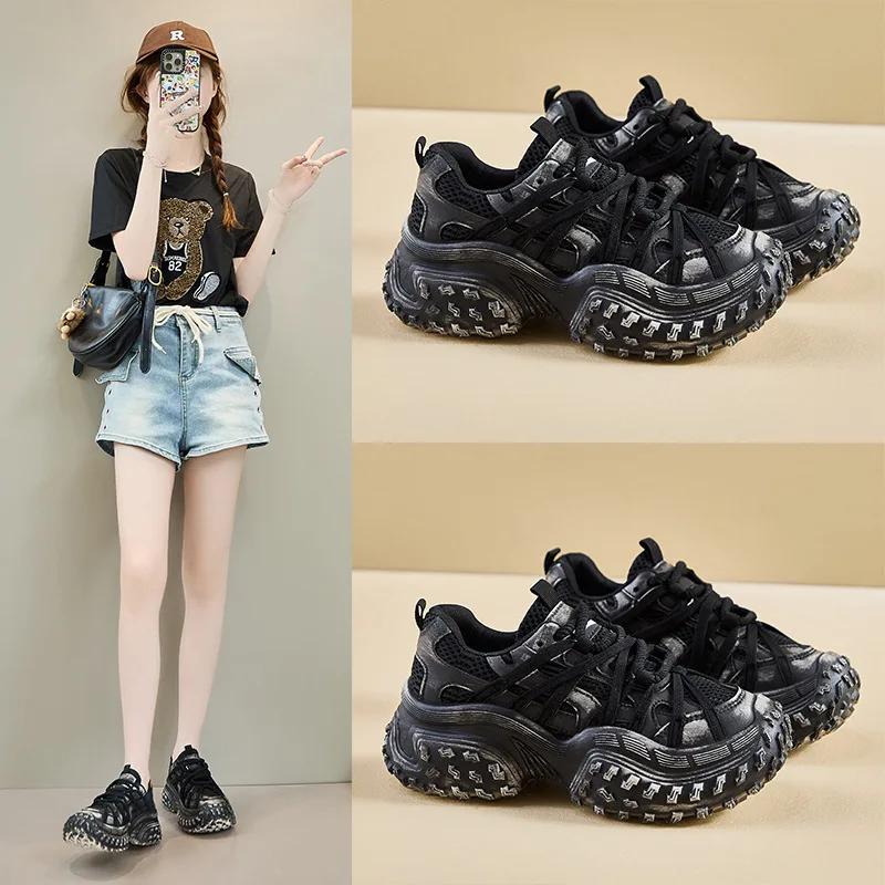 Spring Platform Sneakers Women's Anti Skid Round Toe Vulcanize Shoes Cross Tie Straps Ladies Breathable Trendy Casual Shoes2025