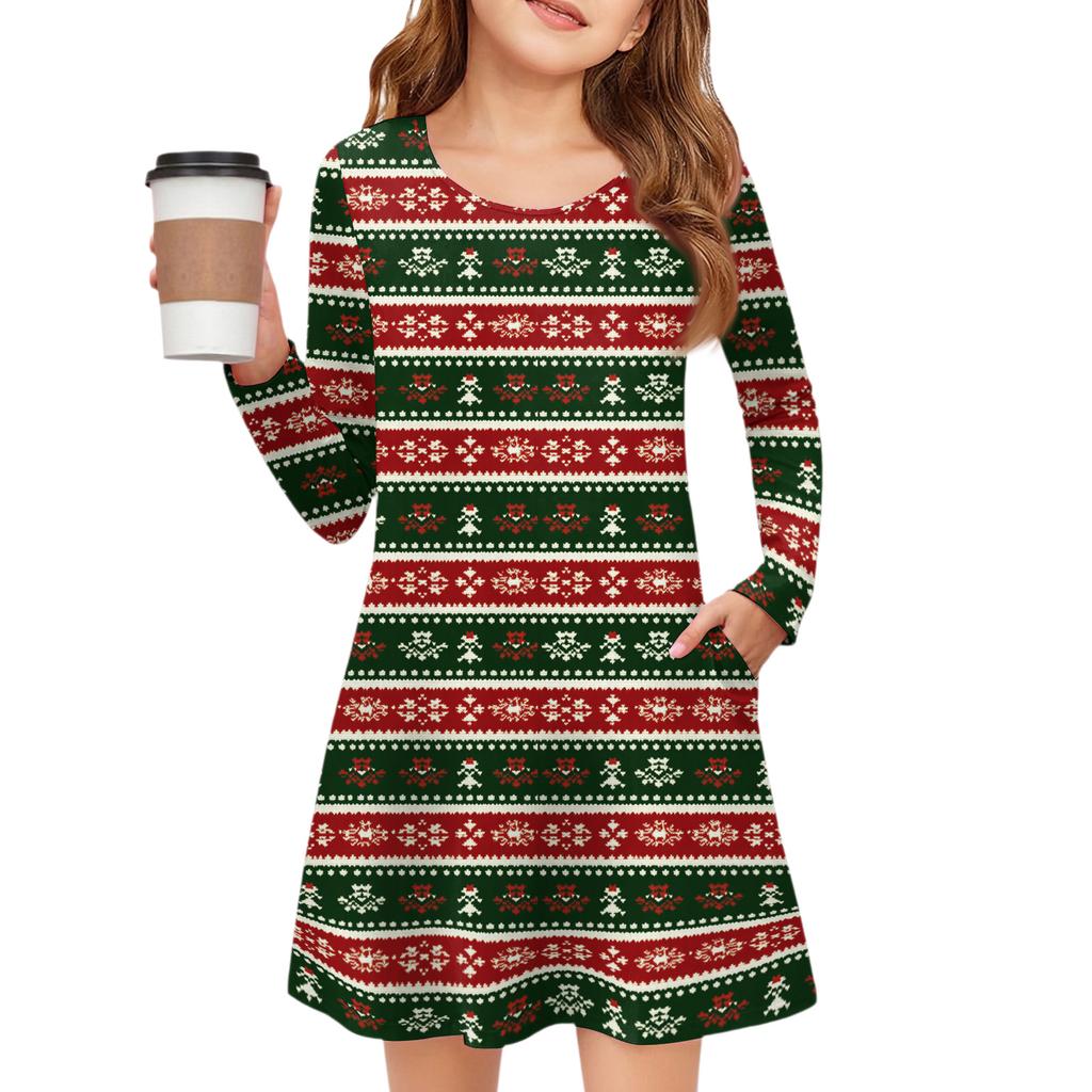 Christmas Day Girls' Long Sleeve Dress - Color Pocket Dress