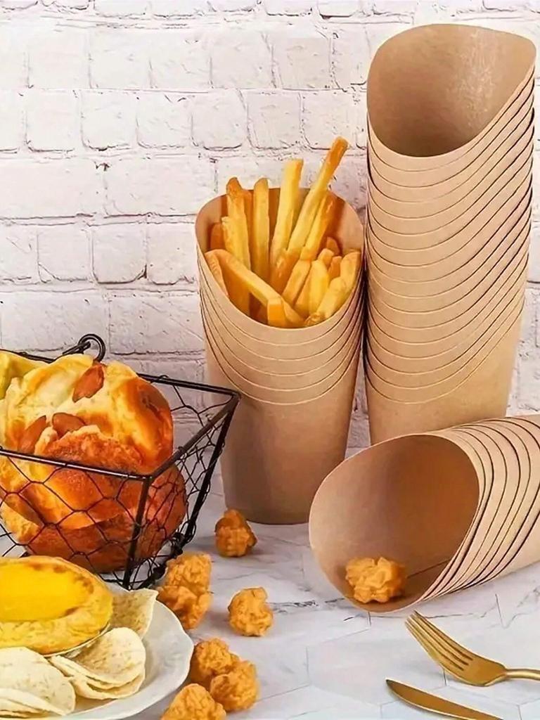200/50pcs French Fry Cups Christmas Party Kraft Paper Slanted French Fries Cup Take-out Boxes Snack Containers Baking Cups
