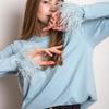 Women Crew Neck Patchwork Feather T-Shirt Solid Color Long Sleeve Commuter Top