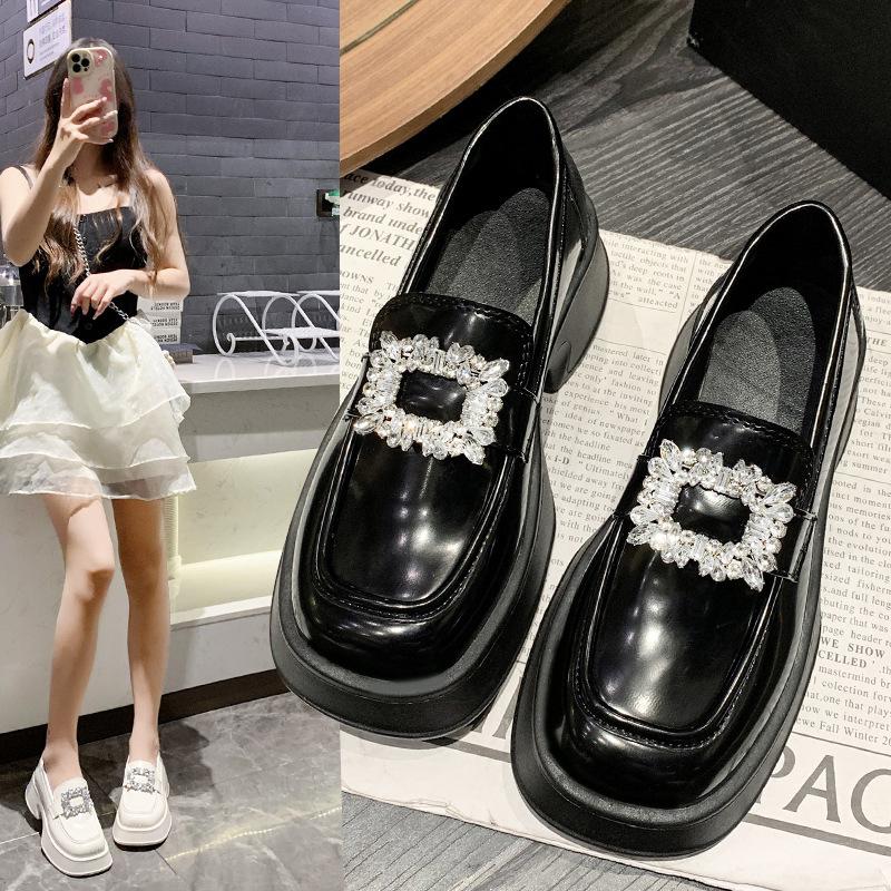 Spring New Women's Leather Shoes Korean Square Buckle Soft Bottom Shiny Patent Leather Rhinestone Leather Shoes