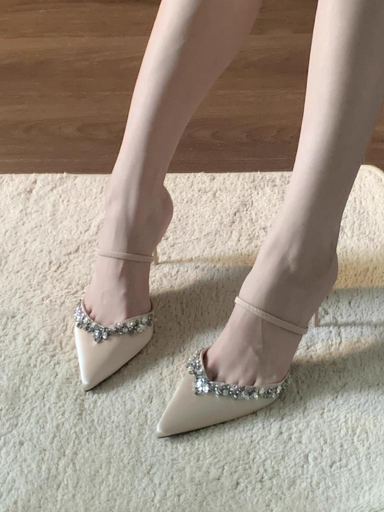 Popular Beautiful Bag Head Cool Slippers Women's 2025 Spring and Summer New Apricot Pointed Head Thin Heel Sexy Word with High Heels