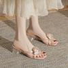 2025 Summer New Square Head Open-toed Middle Heel Fairy Style Temperament with Flower Pearl Crystal and Cool Slippers Woman
