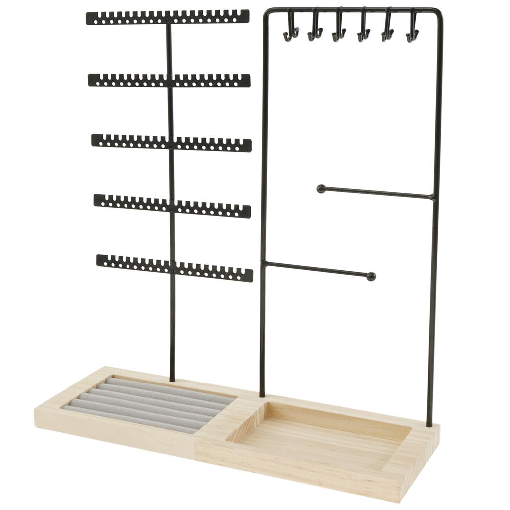 5-Tiers Earring Display Holder Stand Metal Necklace Bracelet Anklet Stud Earring Jewelry Storage Organizer Wooden Base Stand