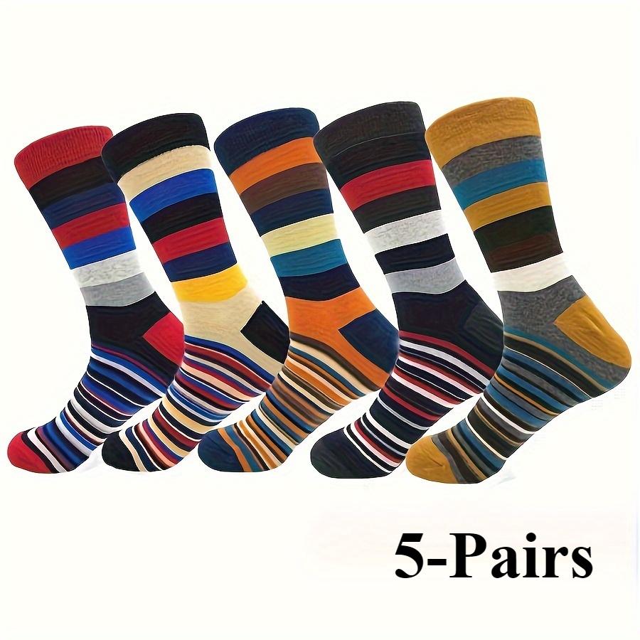 5-Pair Pack Autumn/Winter Men's Fashion Striped Color-Block Vintage Trendy Casual Mid-Calf Cotton Socks, 100% Cotton, Knit Fabric, Hand Washable