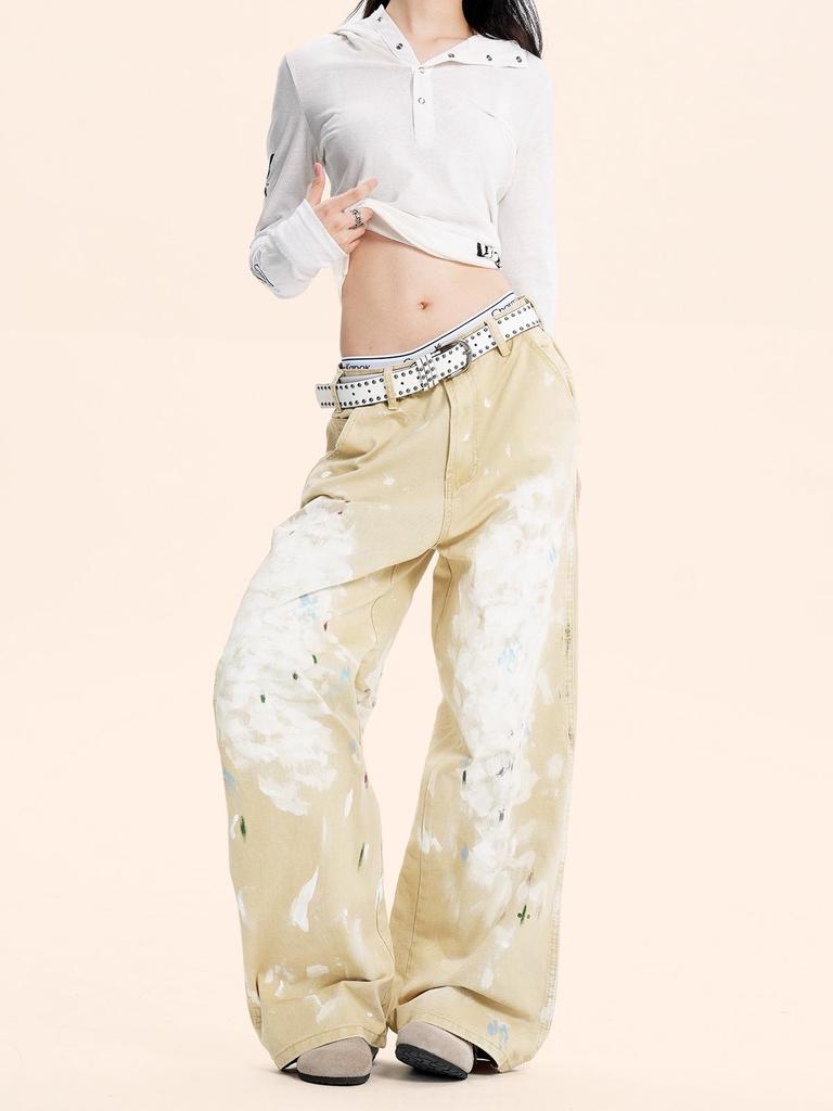 Yongfang Unisex Retro Splatter High-Waist Distressed Straight-Leg Overalls