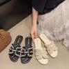 Internet Celebrity Small Fragrant Wind Pearl Slippers Women's Summer 2025 New Wear Flat Beach One Word Sandals Fashion with Skirt