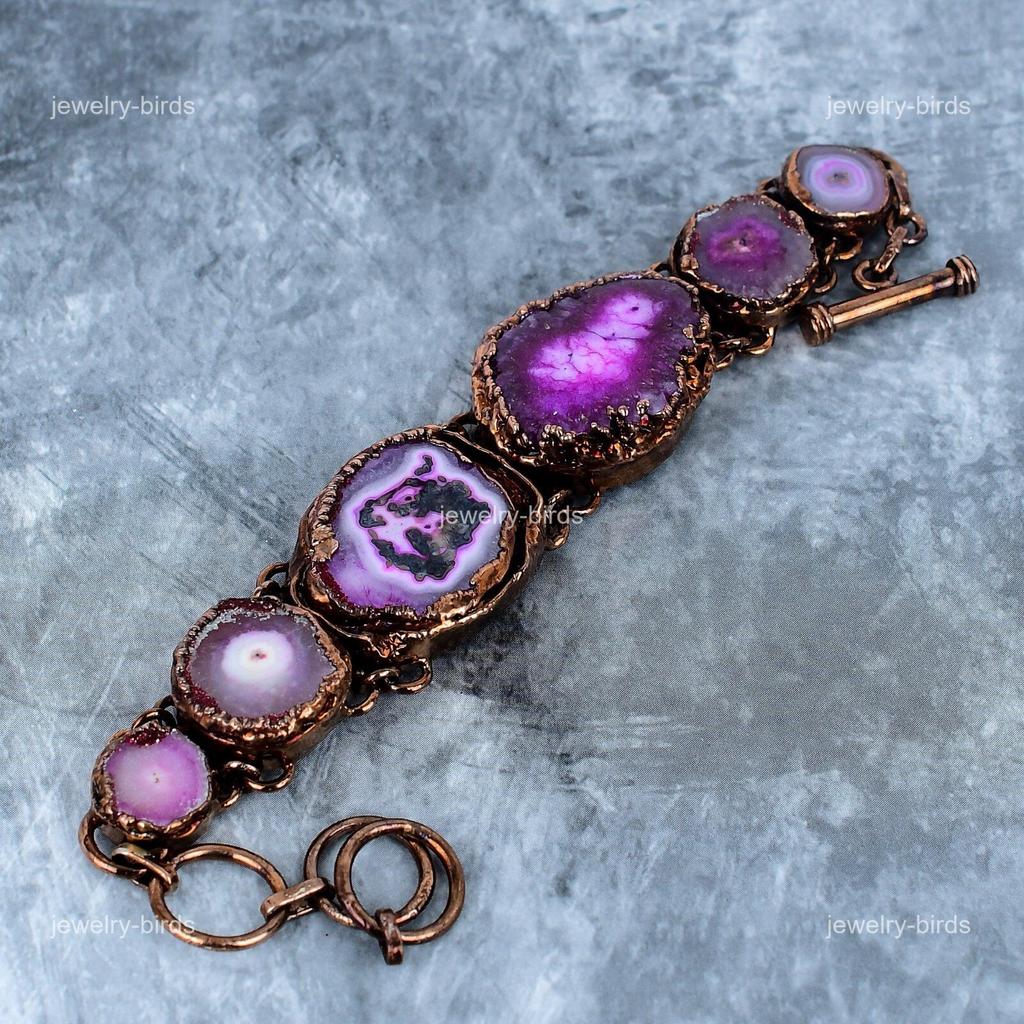 Natural Pink Solar Quartz Boho Friendship Electroformed Bracelet Jewelry Copper VP-120