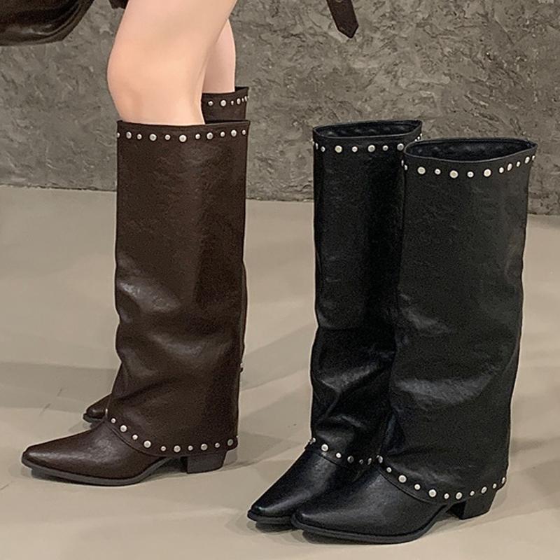 Eilyken Fashion Design Rivet Splicing Woman Knee-High Boots Autumn Winter Pointed Toe Square Heels Party Female Shoes