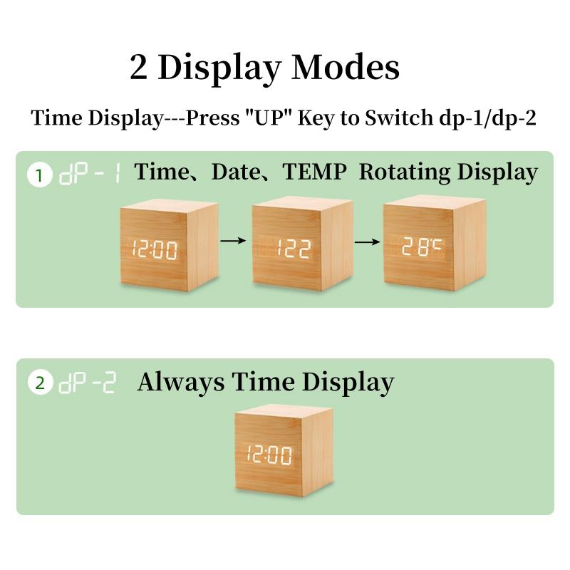 Voice Control  Wooden Digital Alarm Clock TEMP Date 3 Alarms Desktop Electronic Table Clock 12/24H USB Powered LED Bedside Clock