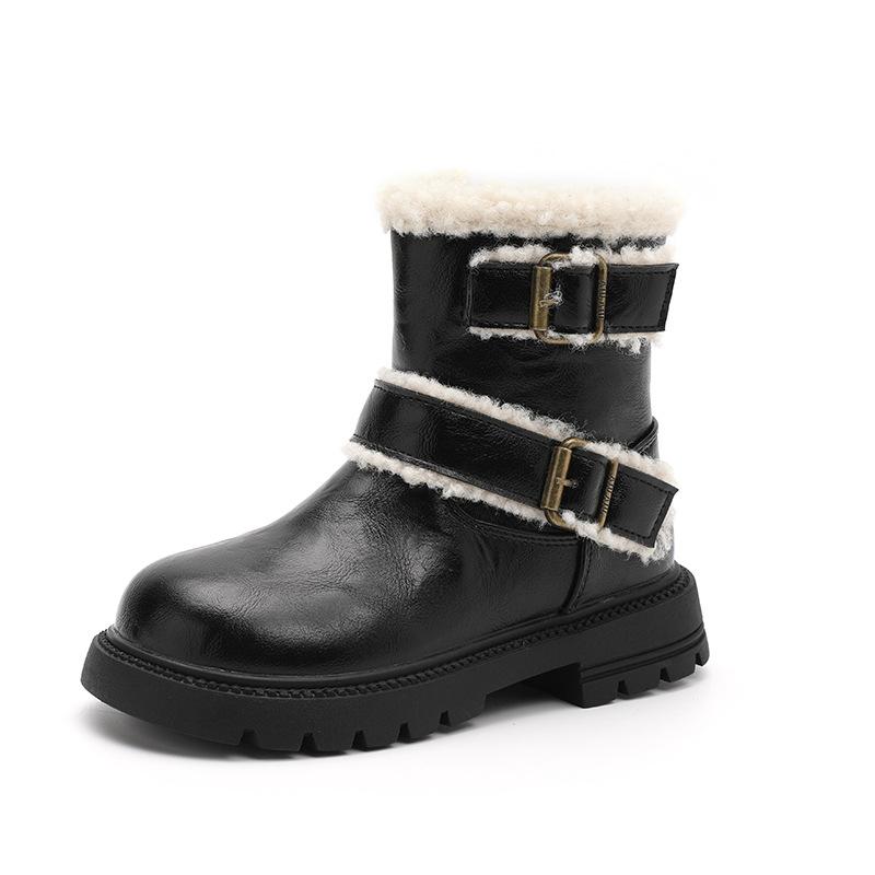 Girl Platform Black Leather Boots Simple Chic Winter Boots for Children Fashion Causal Versatile Kids British Style Cotton Boots