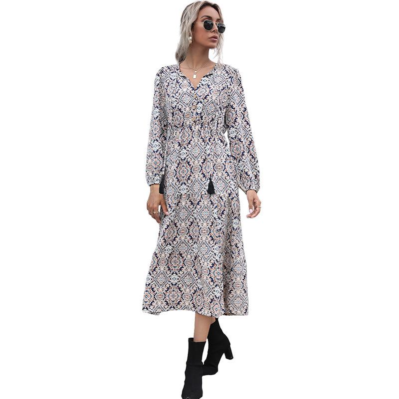 Autumn Medium and Long French Print V-neck Long-sleeved Hem Split Dress Women