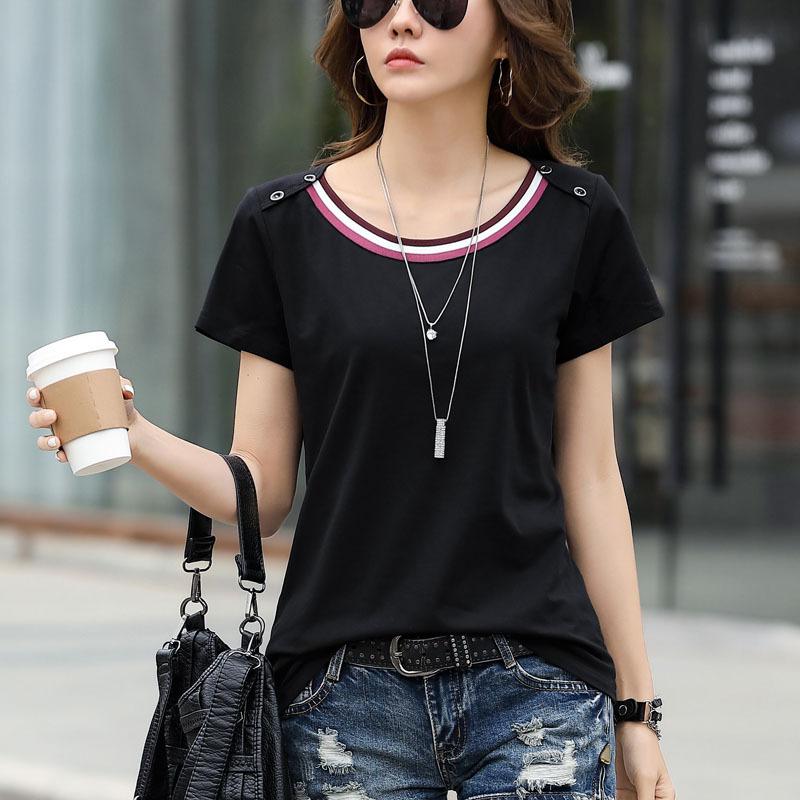 Женские летние свободные футболки, корейские женские повседневные топы с короткими рукавами и круглым вырезом, женские лоскутные тонкие футболки