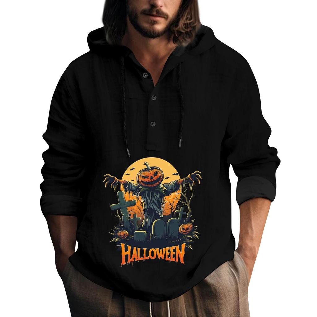 Halloween Printed Hooded Men's Oversized Drawstring Button Hoodie